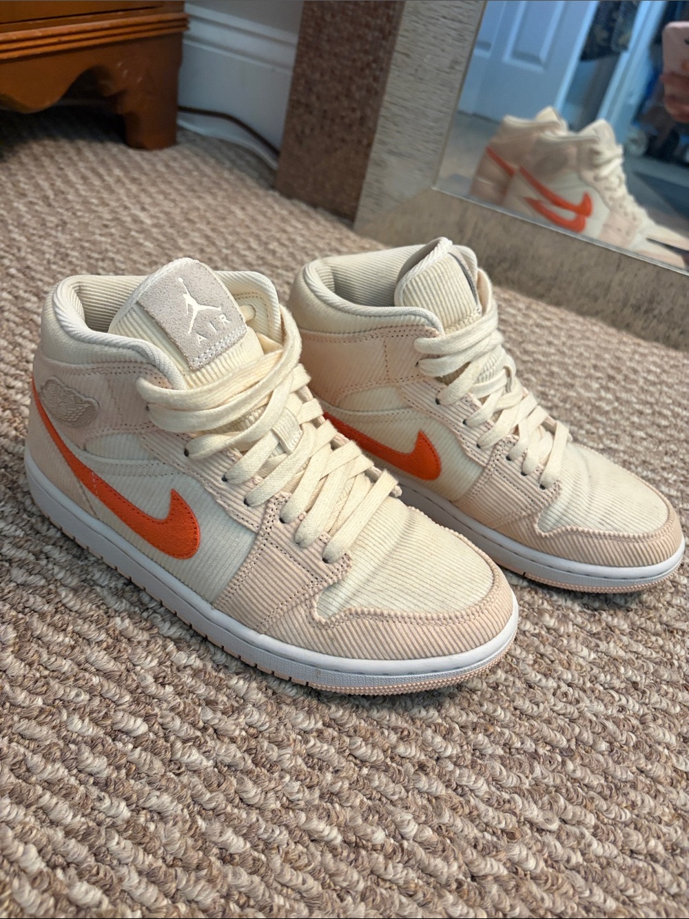 Jordan Women's Mid Top Sneakers Cream with Orange Swoosh